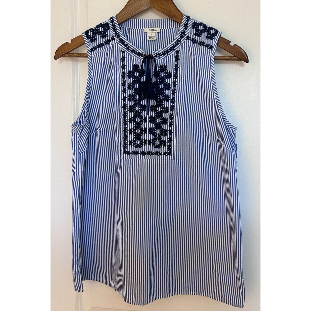 J Crew Striped Embroidered Blouse Size 4 Nautical Resort Cruise Top